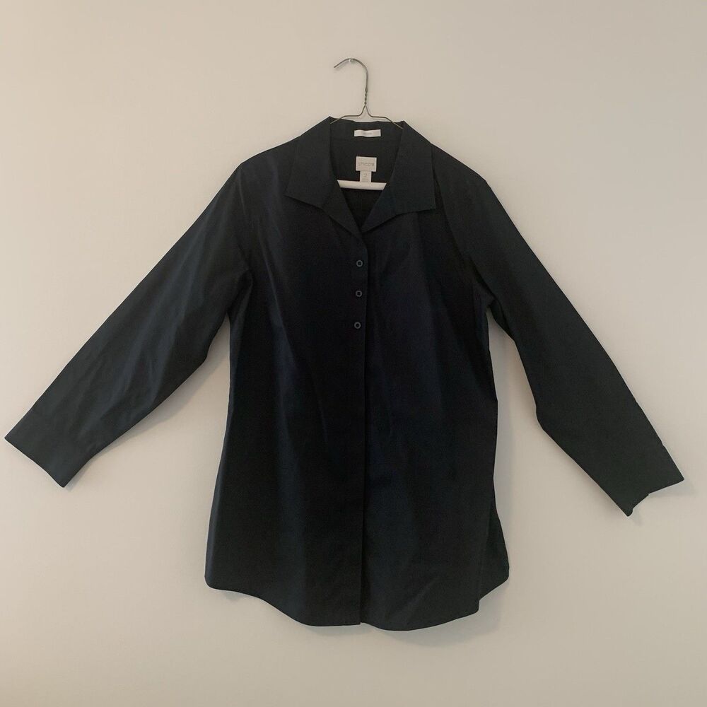 Chico’s No Iron Button Up Top Tunic Popover Work Career Black A - Size 2 Large